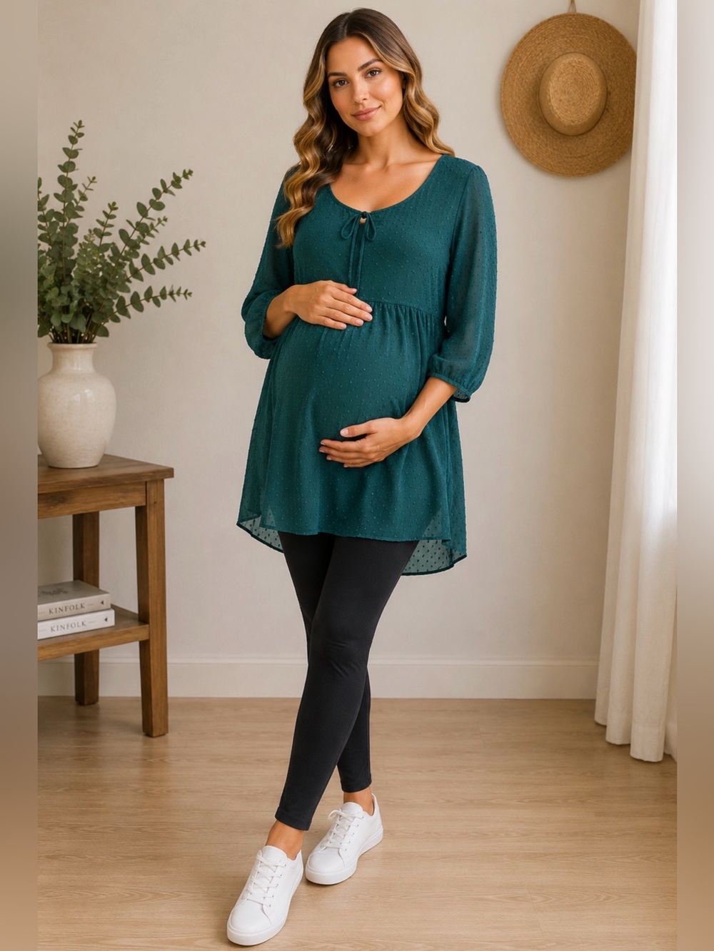 Motherhood Maternity teal dotted chiffon 3/4 sleeve tunic top size M